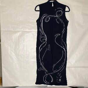 SHEIN Black Sleeveless Midi Dress with White Abstract Swirl Print